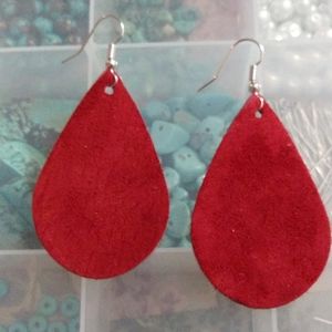 Red soft leather teardrop earrings